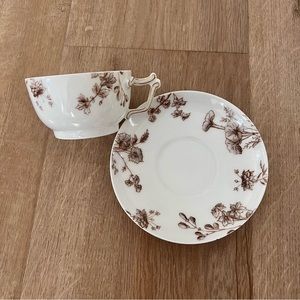 Antique T&V France Limoges Hand Painted Tea Cup & Saucer Protruded Brown Flowers